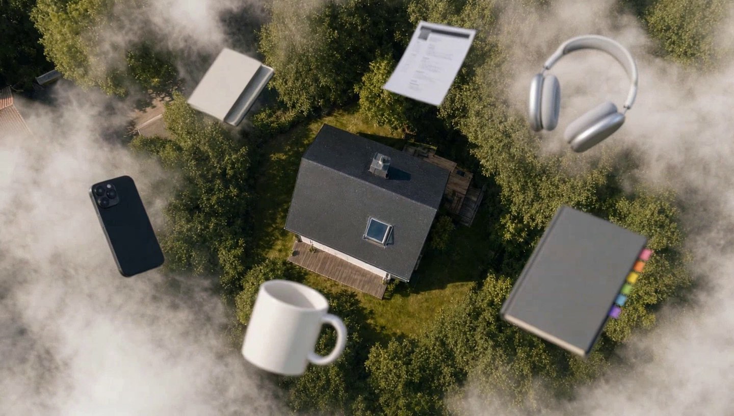 Your notebook, headphones and papers falling through cloud toward a house far below.